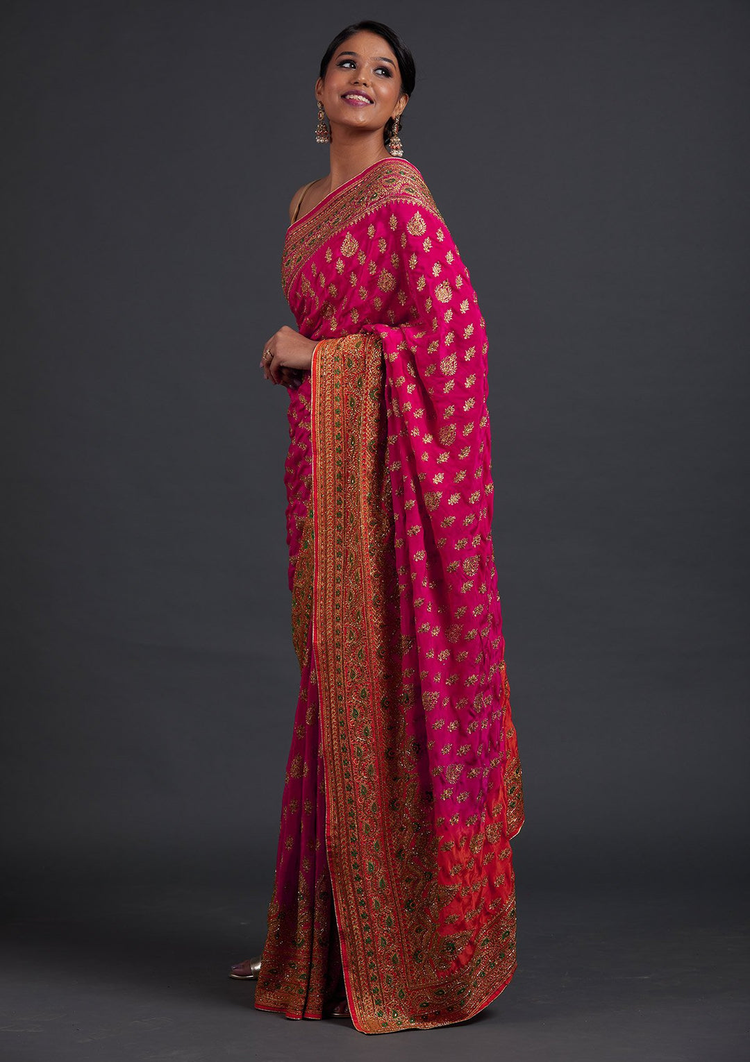 Rani Pink Stonework Semi Crepe Designer Saree - Koskii