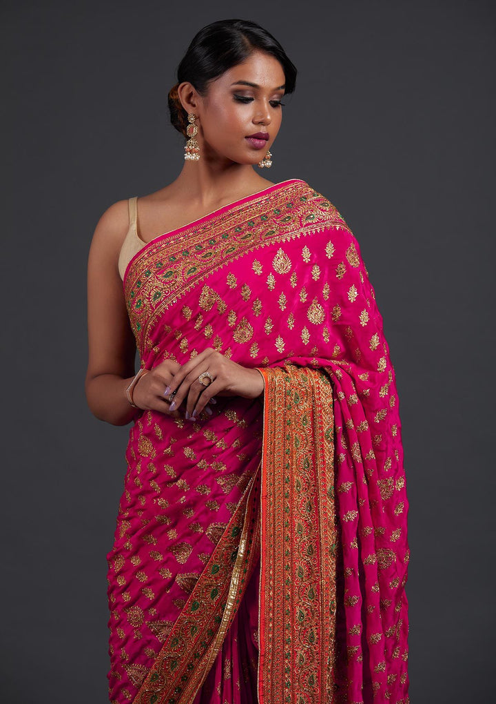 Rani Pink Stonework Semi Crepe Designer Saree - Koskii
