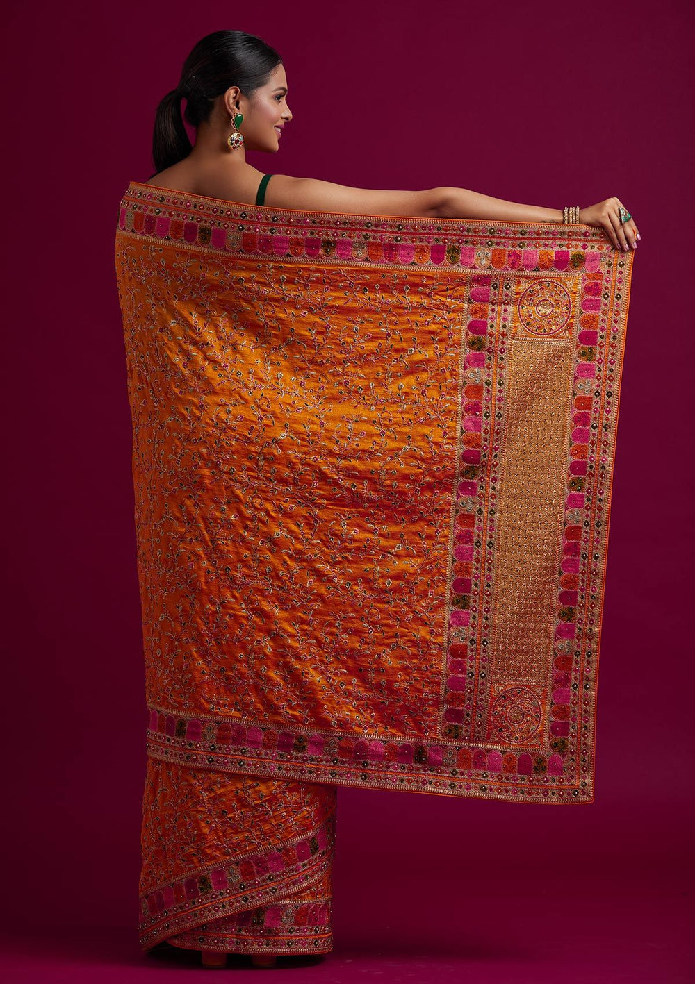 Orange Zariwork Art Silk Designer Saree - koskii