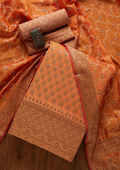 Orange Zariwork Banarasi Designer Unstitched Salwar Suit - koskii