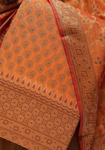 Orange Zariwork Banarasi Designer Unstitched Salwar Suit - koskii