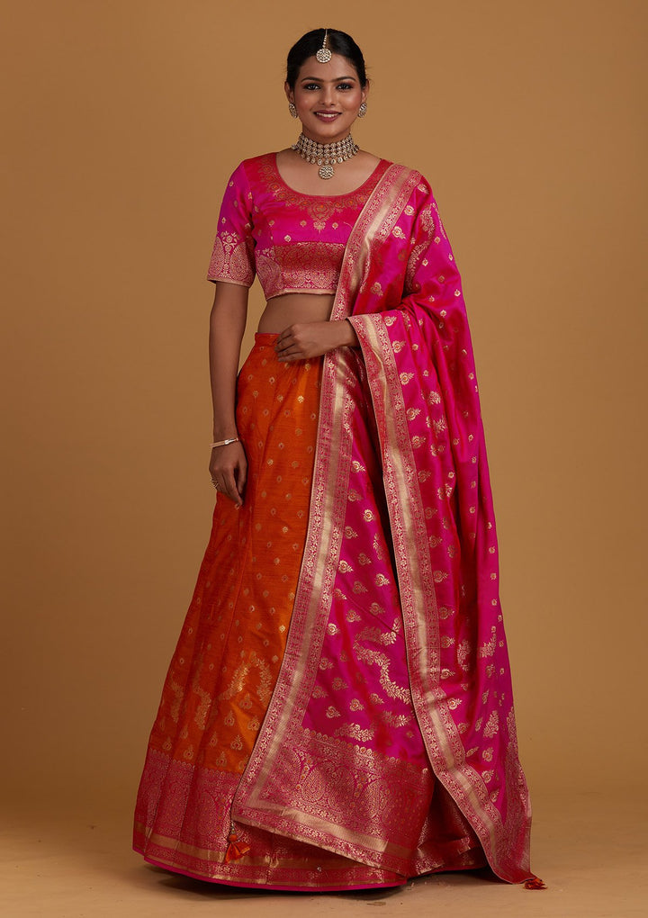 Orange Zariwork Brocade Designer Semi-Stitched Lehenga - Koskii