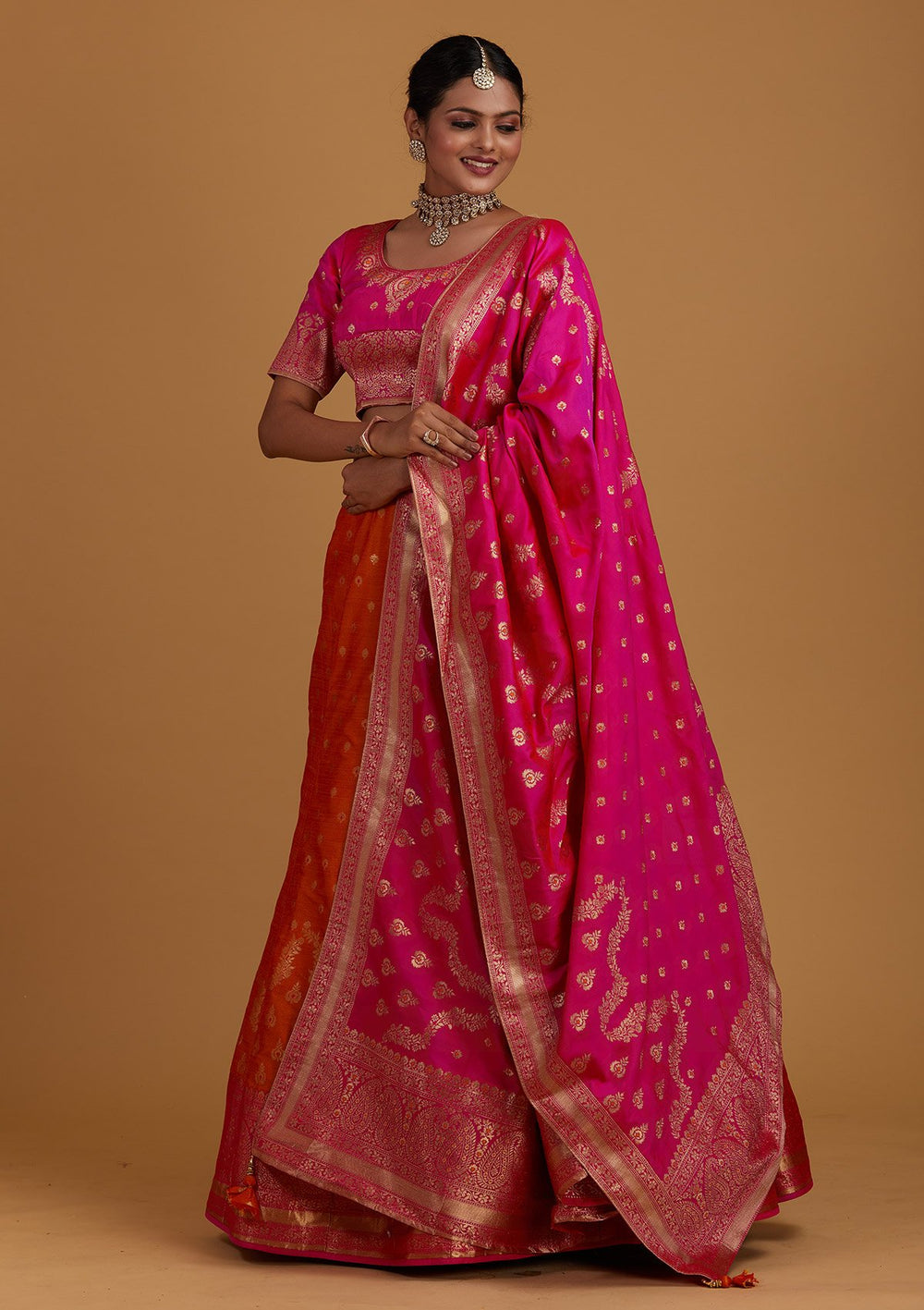 Orange Zariwork Brocade Designer Semi-Stitched Lehenga - Koskii