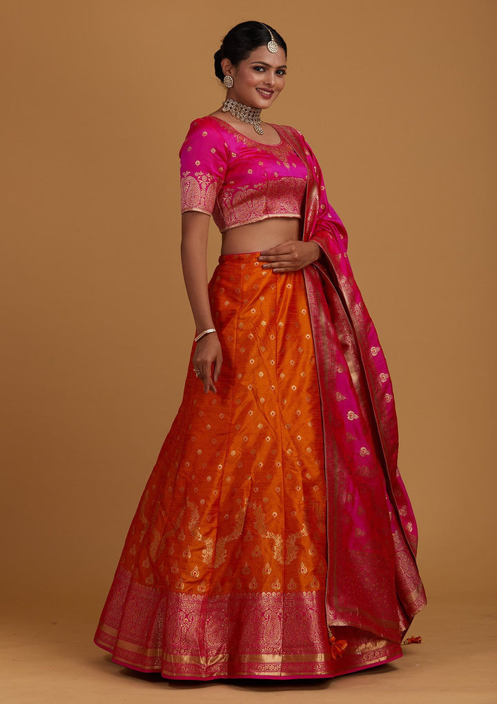 Orange Zariwork Brocade Designer Semi-Stitched Lehenga - Koskii