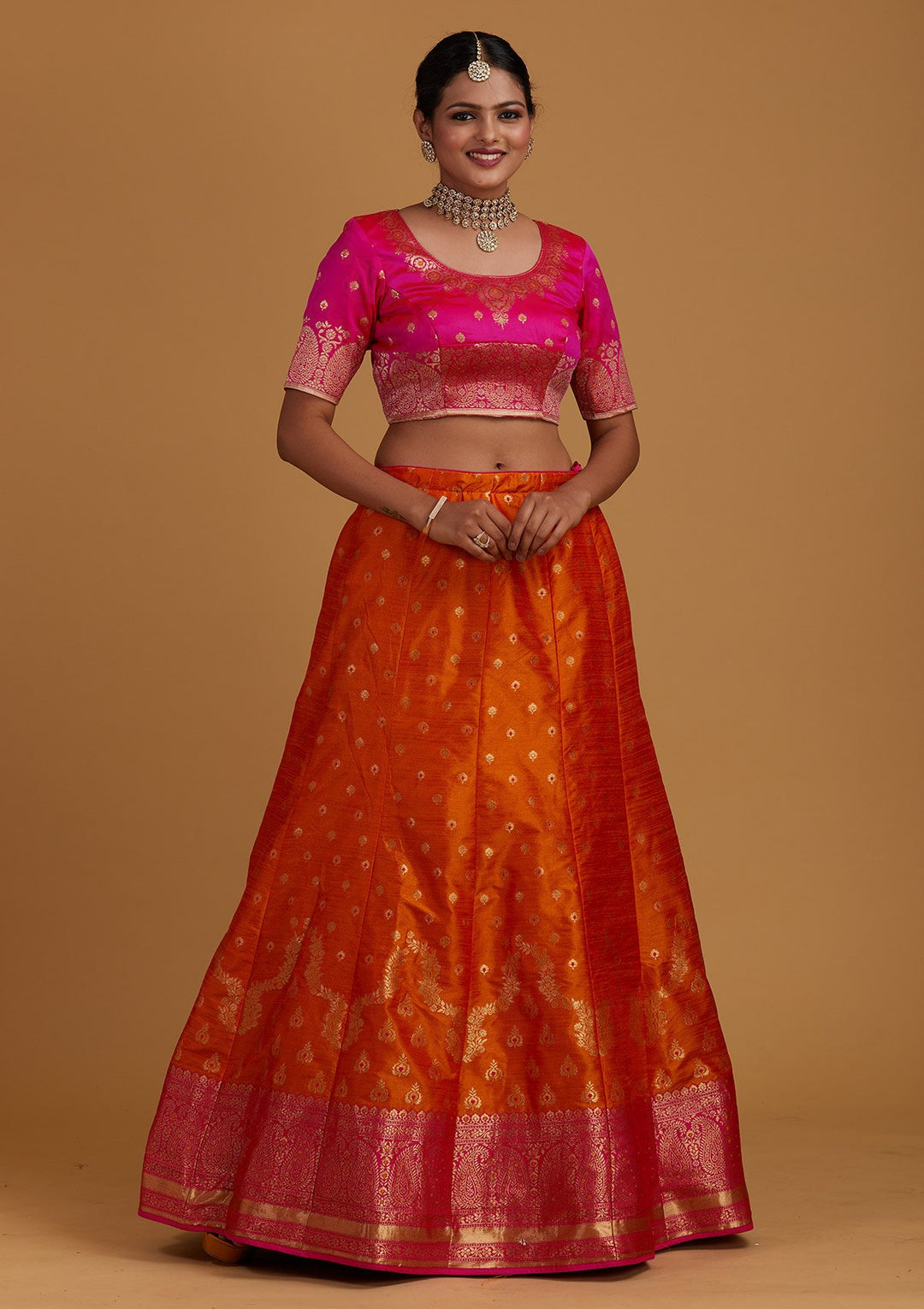 Orange Zariwork Brocade Designer Semi-Stitched Lehenga - Koskii
