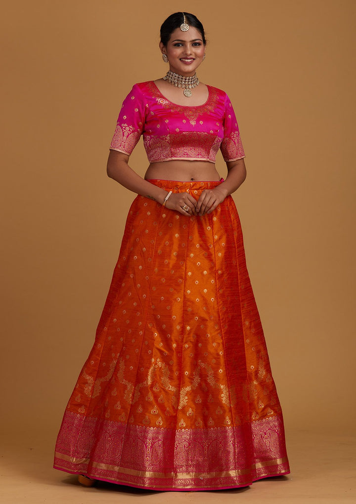 Orange Zariwork Brocade Designer Semi-Stitched Lehenga - Koskii