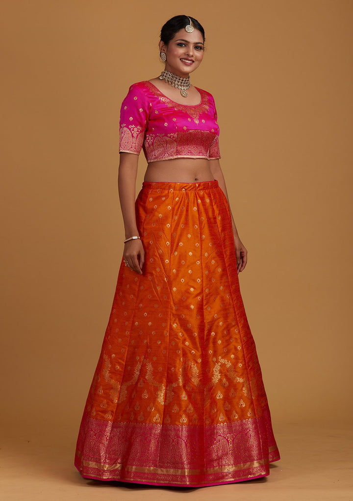 Orange Zariwork Brocade Designer Semi-Stitched Lehenga - Koskii