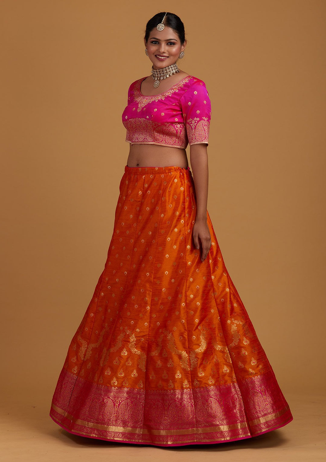 Orange Zariwork Brocade Designer Semi-Stitched Lehenga - Koskii
