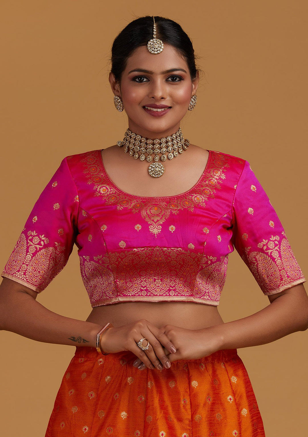 Orange Zariwork Brocade Designer Semi-Stitched Lehenga - Koskii