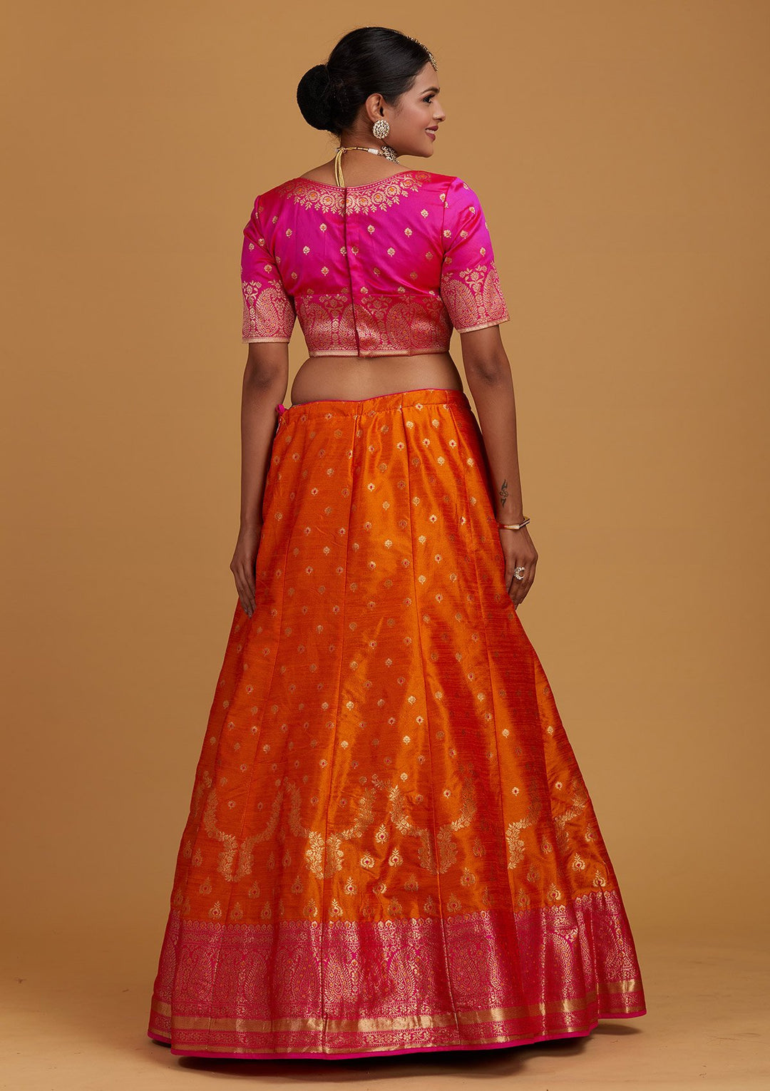 Orange Zariwork Brocade Designer Semi-Stitched Lehenga - Koskii