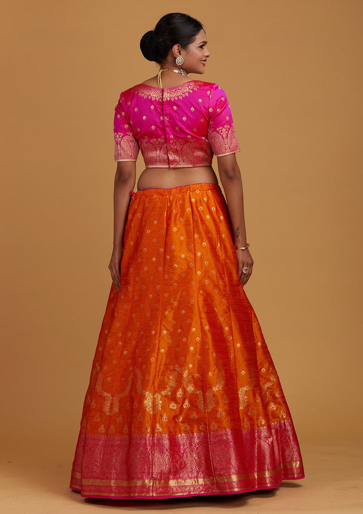 Orange Zariwork Brocade Designer Semi-Stitched Lehenga - Koskii