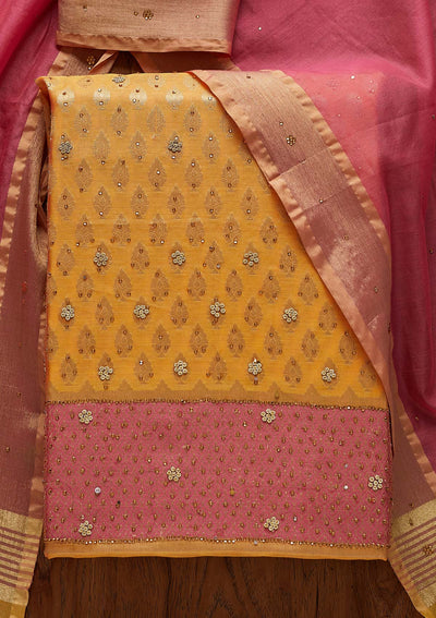 Orange Zariwork Brocade Designer Unstitched Salwar Suit - Koskii