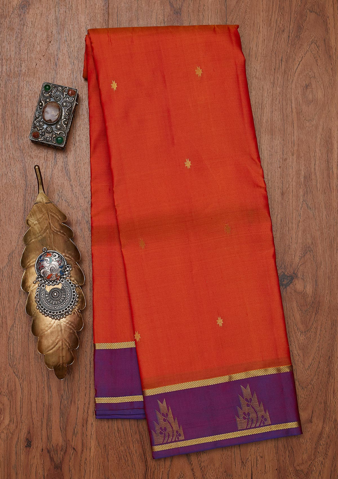 Orange Zariwork Pure Silk Designer Unstitched Saree - Koskii