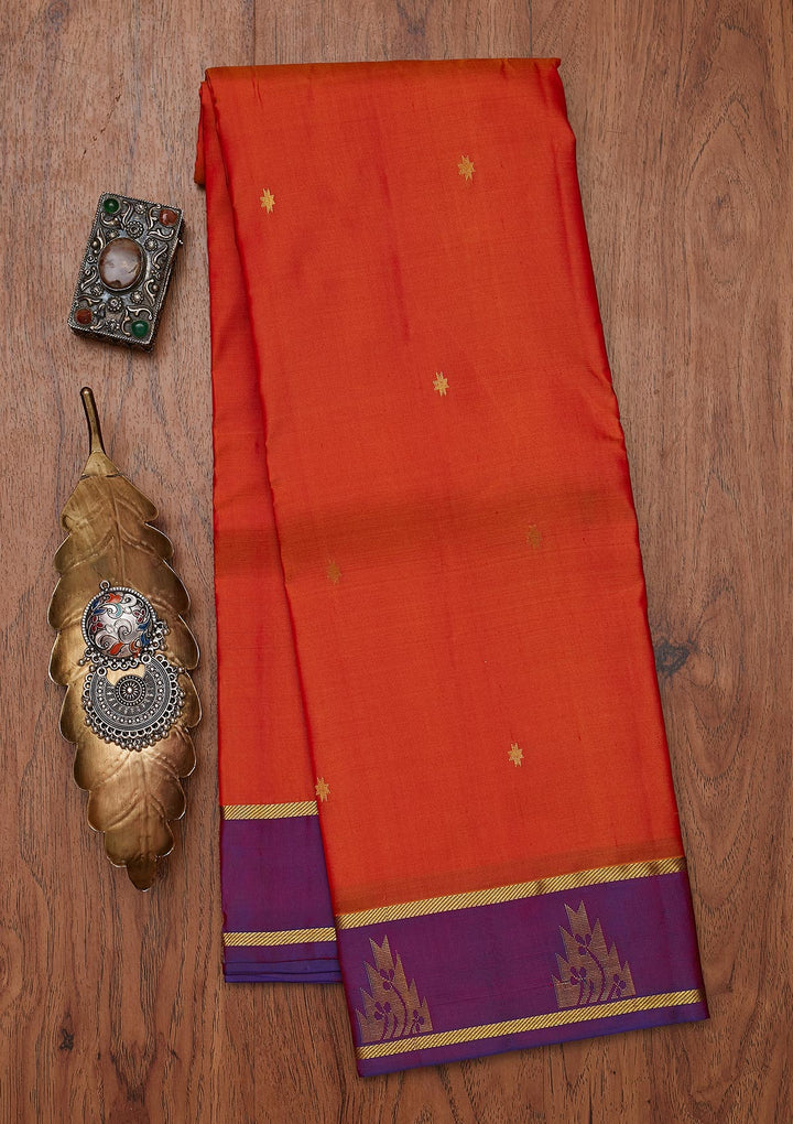 Orange Zariwork Pure Silk Designer Unstitched Saree - Koskii