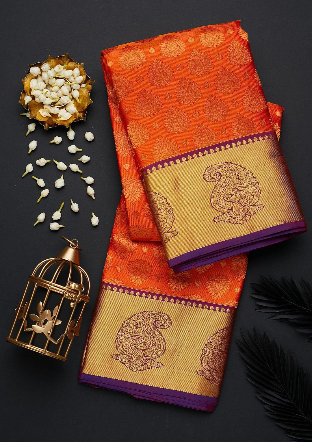 Orange Zariwork Pure Silk Designer Saree - Koskii