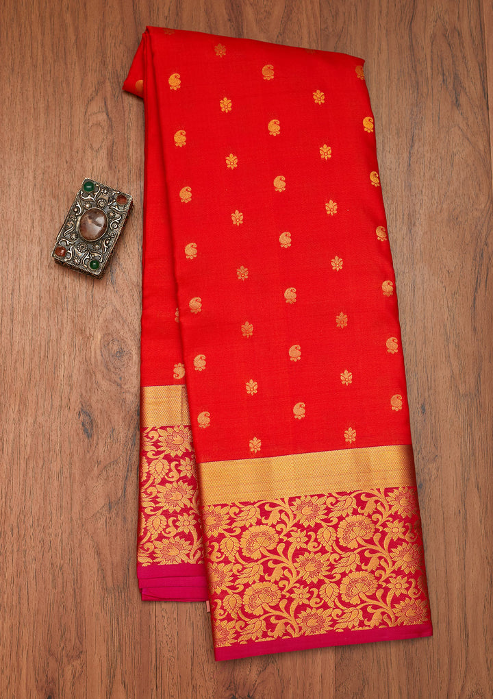 Orange Zariwork Pure Silk Saree- Koskii