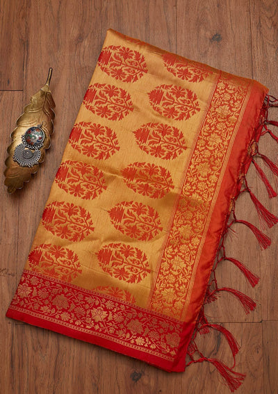 Orange Zariwork Raw Silk Designer Saree - koskii