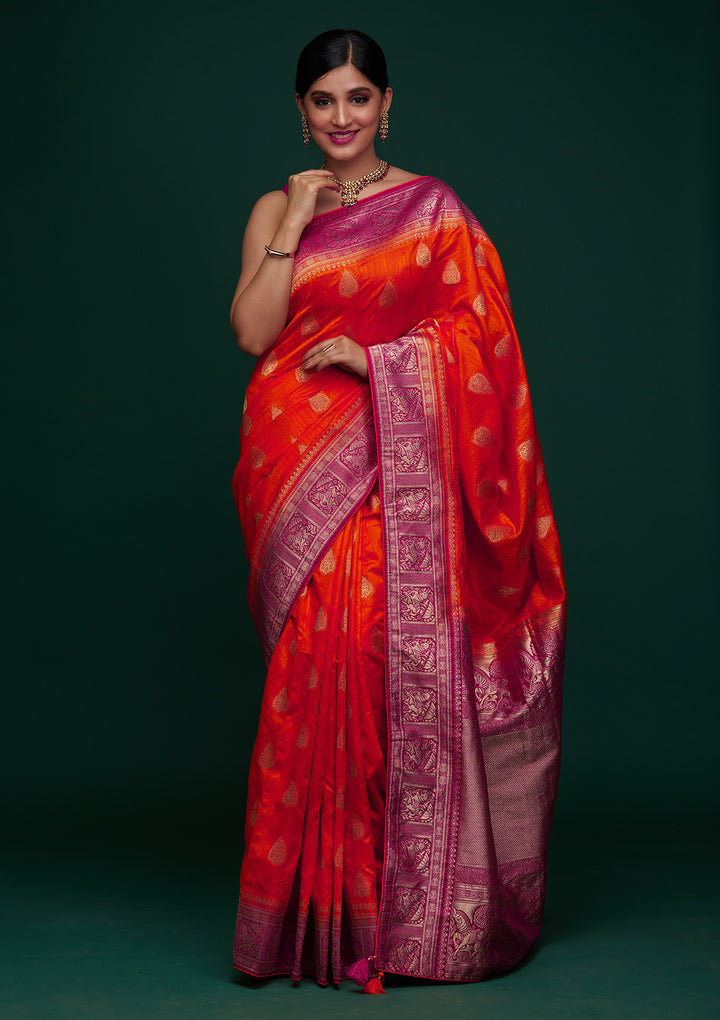 Orange Zariwork Raw Silk Designer Saree - Koskii