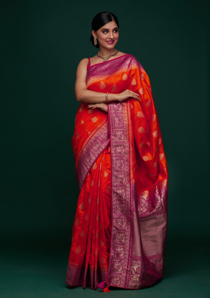 Orange Zariwork Raw Silk Designer Saree - Koskii