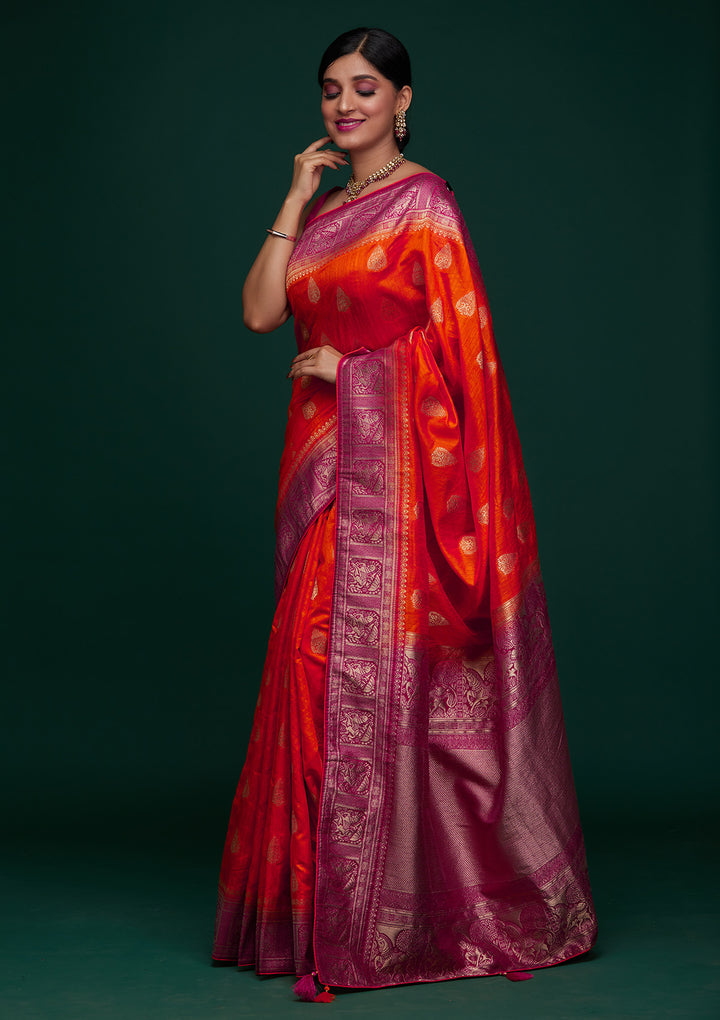 Orange Zariwork Raw Silk Designer Saree - Koskii