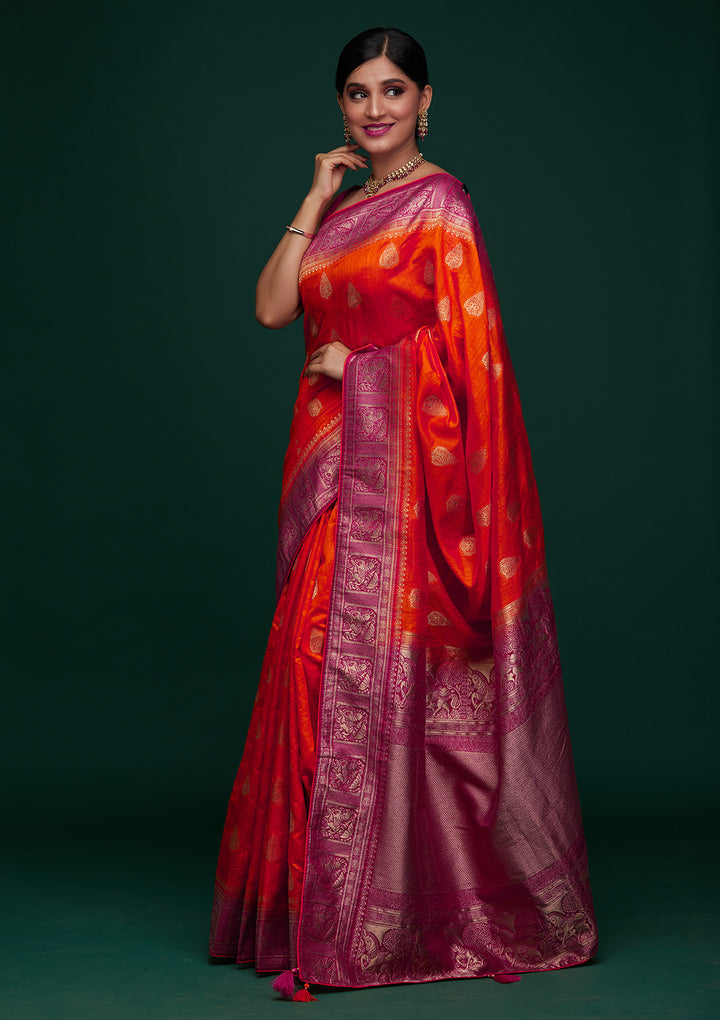 Orange Zariwork Raw Silk Designer Saree - Koskii