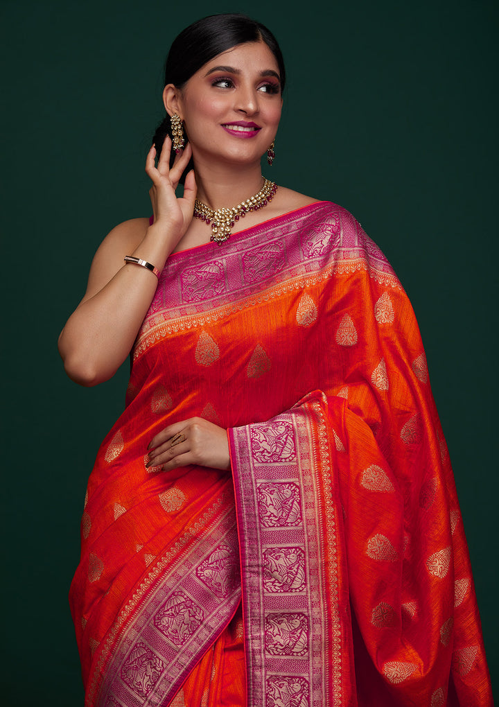 Orange Zariwork Raw Silk Designer Saree - Koskii