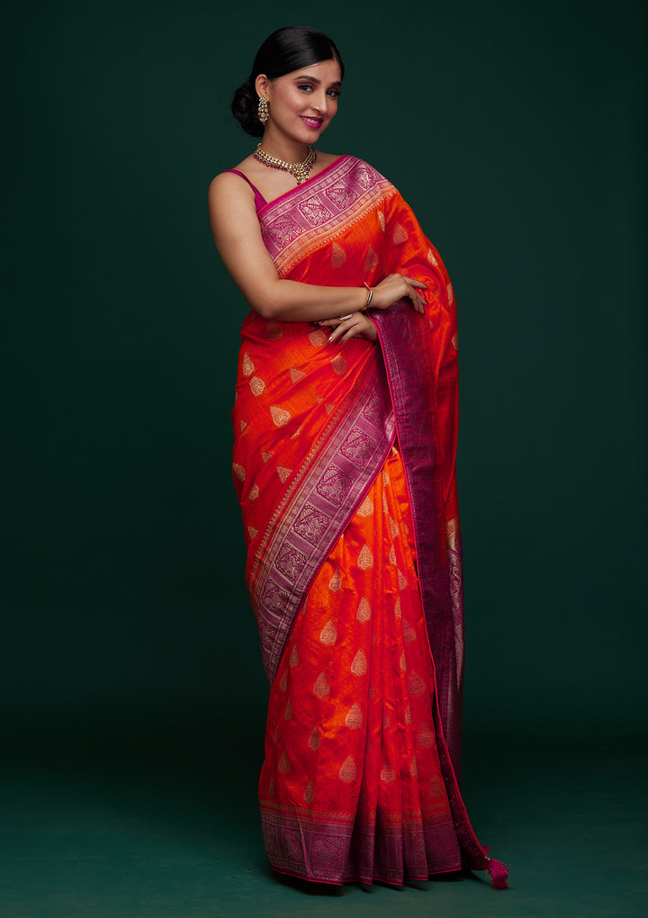 Orange Zariwork Raw Silk Designer Saree - Koskii