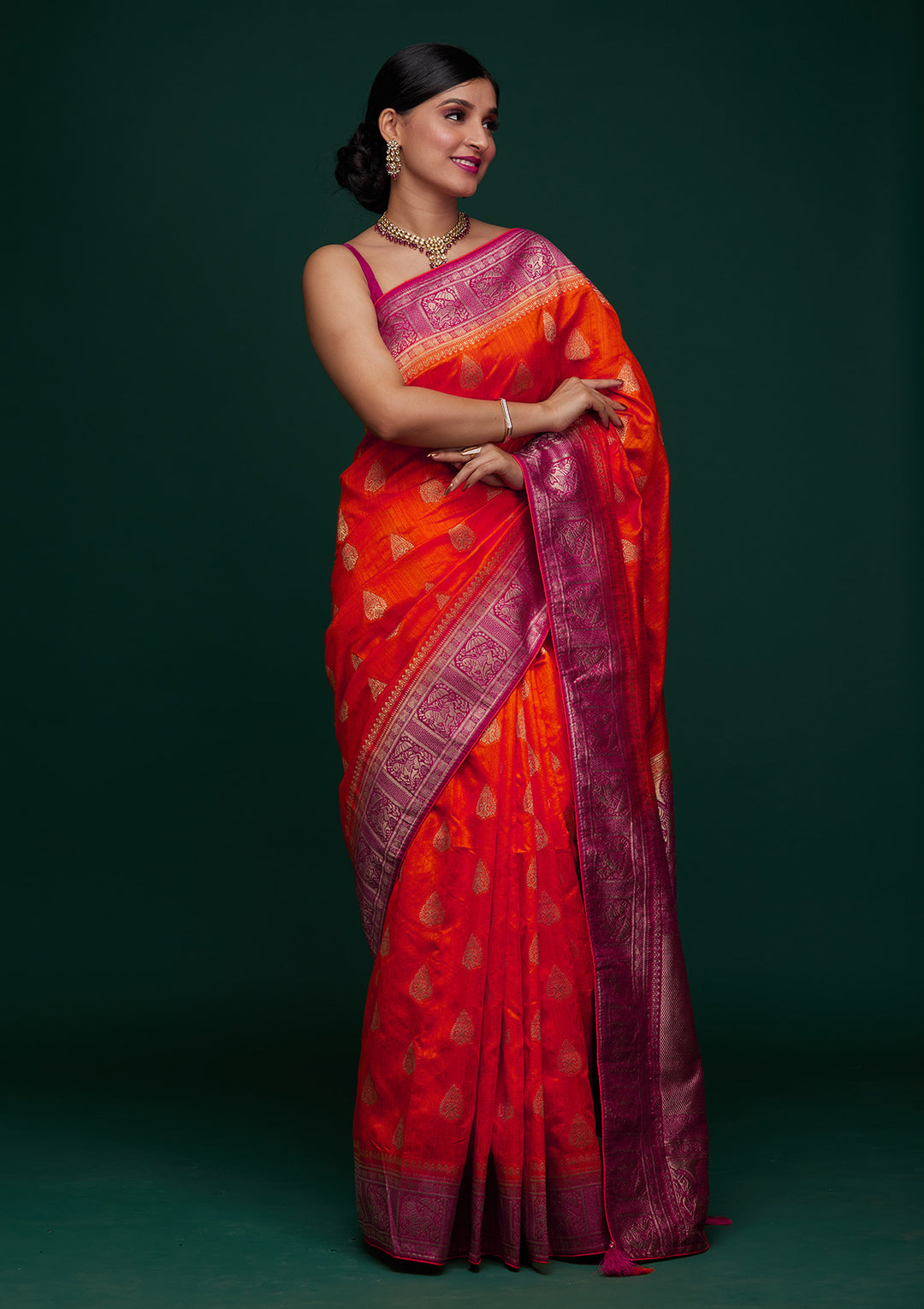 Orange Zariwork Raw Silk Designer Saree - Koskii