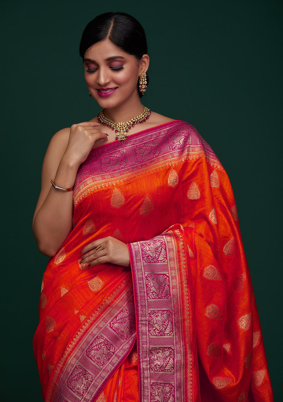 Orange Zariwork Raw Silk Designer Saree - Koskii