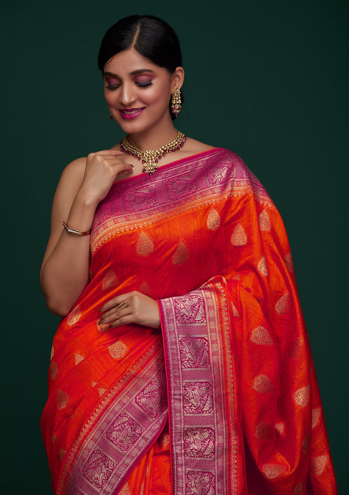 Orange Zariwork Raw Silk Designer Saree - Koskii