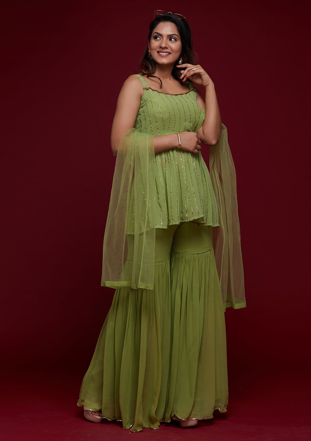 Parrot Green Badla Georgette Designer Salwar Suit - Koskii