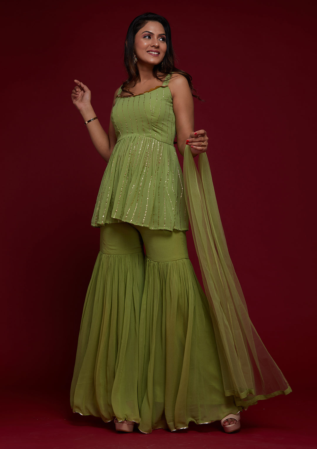Parrot Green Badla Georgette Designer Salwar Suit - Koskii
