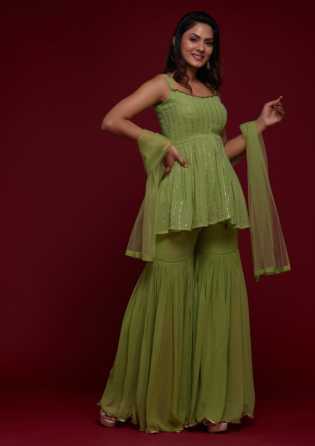 Parrot Green Badla Georgette Designer Salwar Suit - Koskii