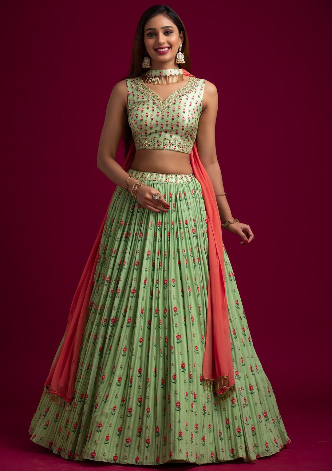 Parrot green lehenga with high neck choli sales