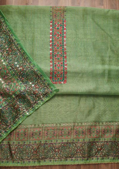 Parrot Green Sequins Chanderi Unstitched Salwar Suit - Koskii