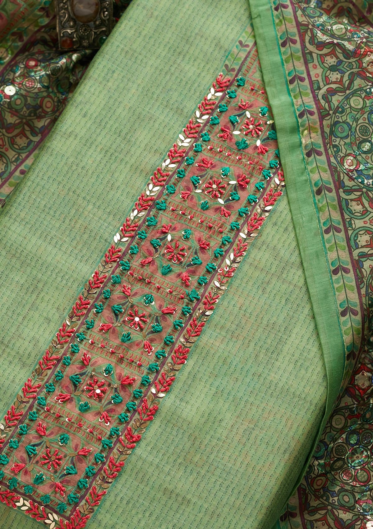 Parrot Green Sequins Chanderi Unstitched Salwar Suit - Koskii
