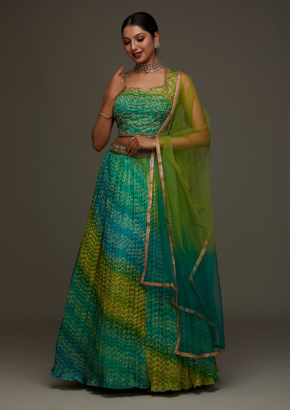Parrot Green Sequins Georgette Designer Lehenga- Koskii
