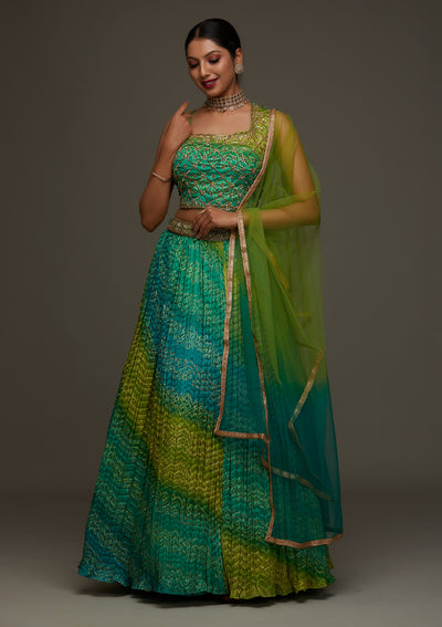 Parrot Green Sequins Georgette Designer Lehenga- Koskii
