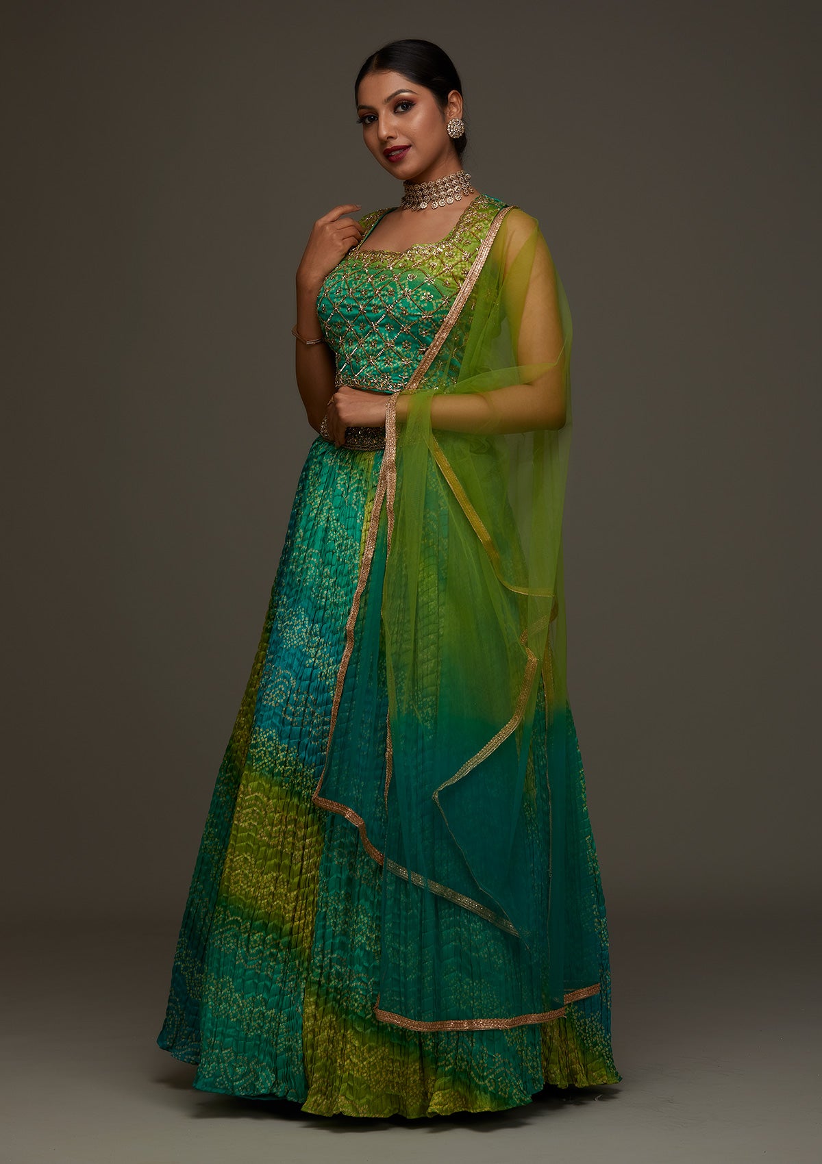 Embroidered Lehenga Suit in Parrot green Georgette - LS058