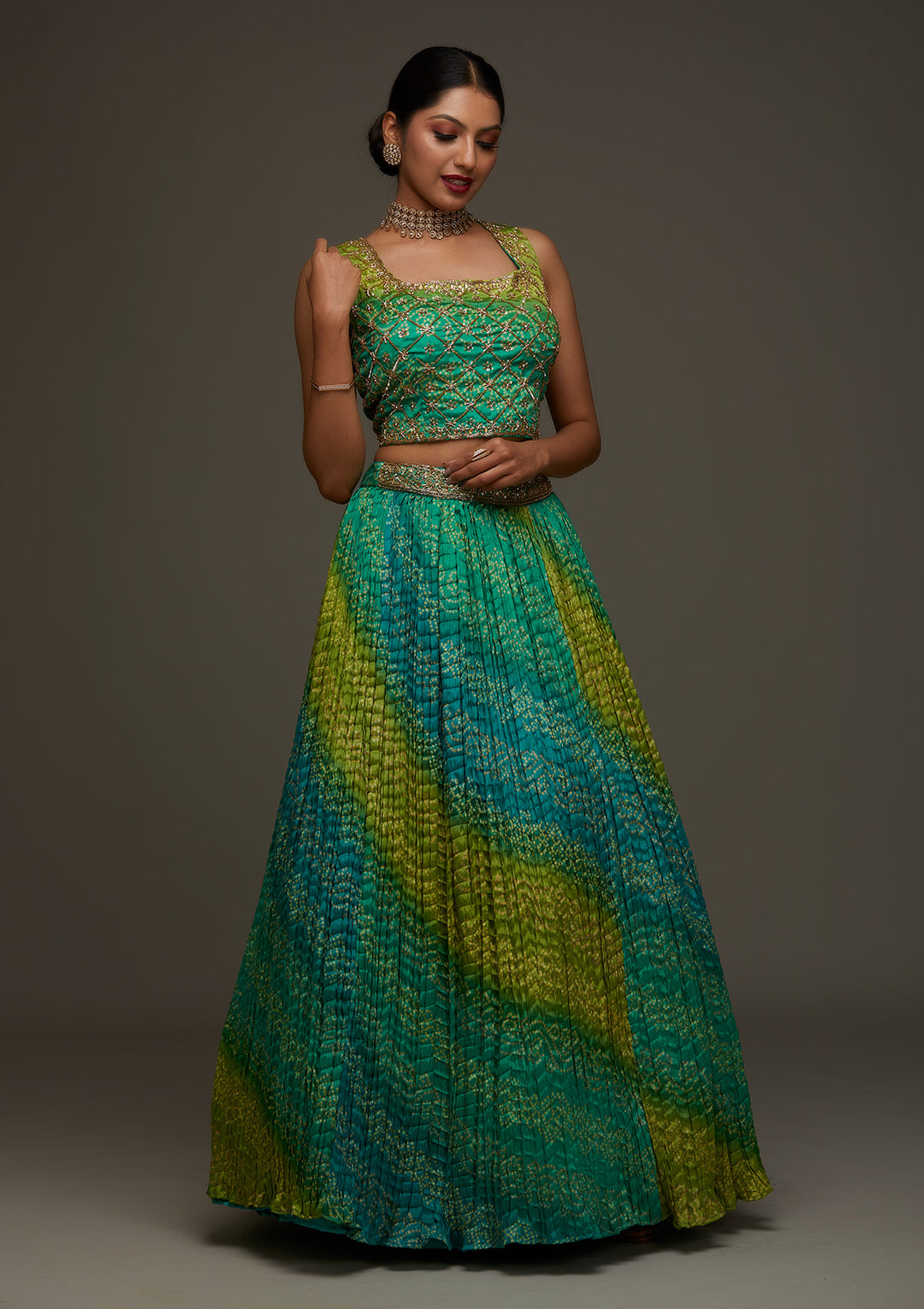 Parrot Green Sequins Georgette Designer Lehenga - Koskii