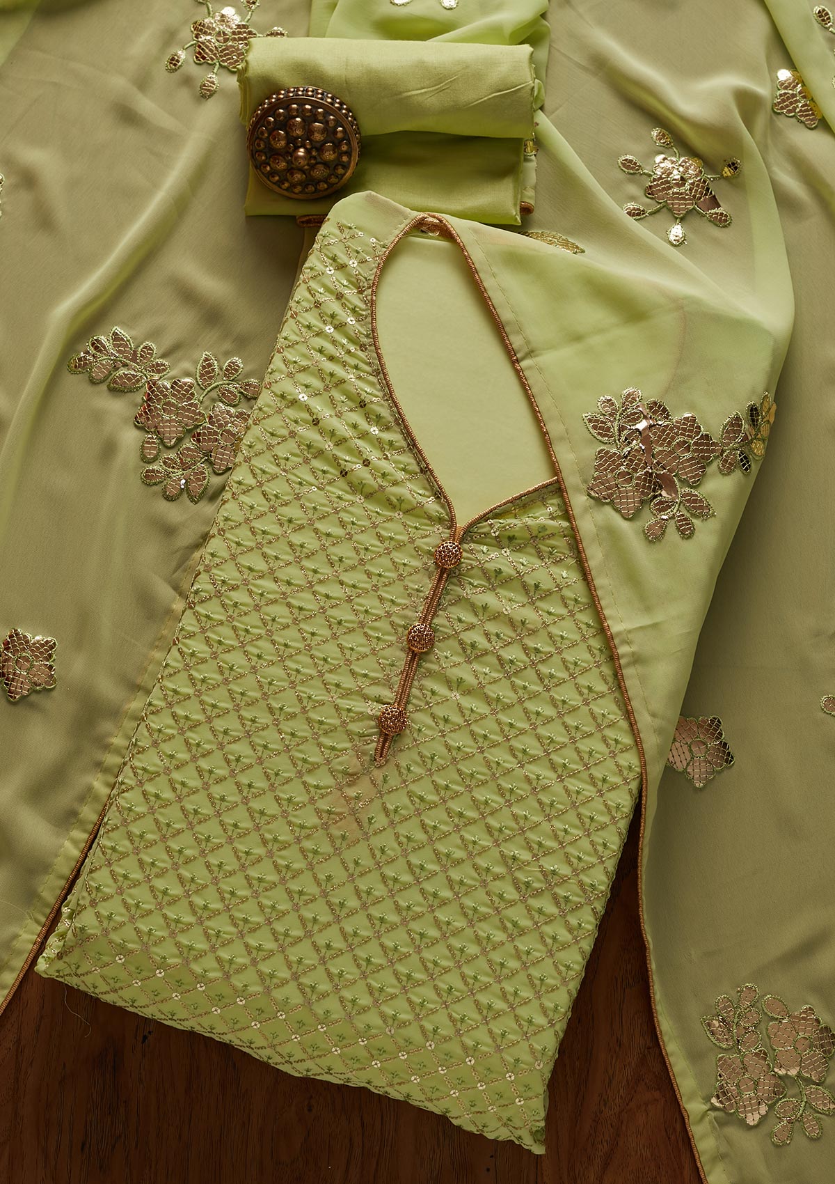Parrot Green Sequins Georgette Designer Unstitched Salwar Suit - koskii