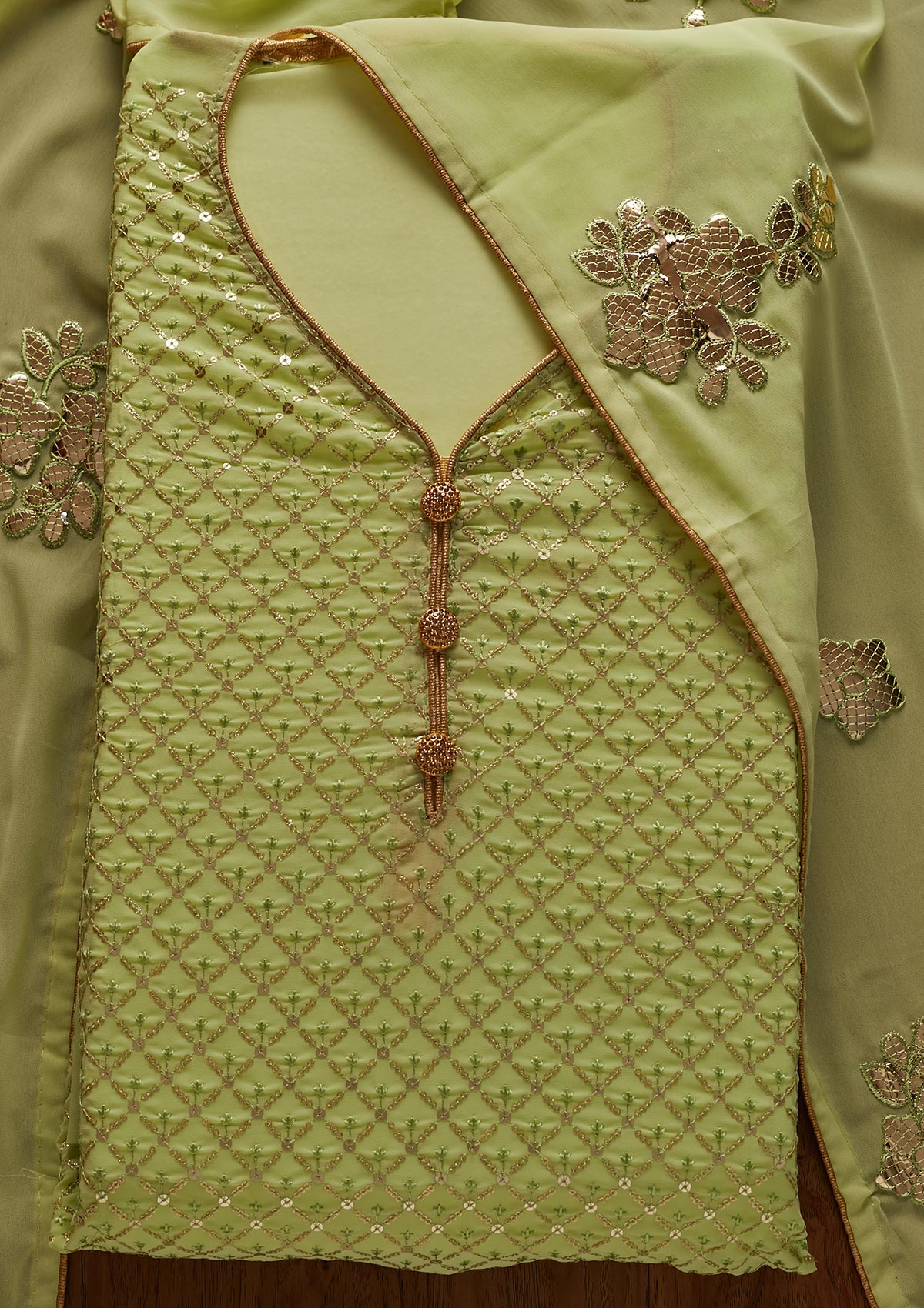 Parrot Green Sequins Georgette Designer Unstitched Salwar Suit - koskii