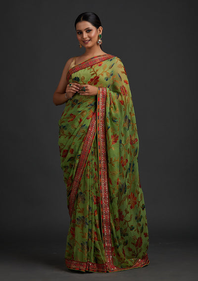 Parrot Green Sequins Georgette Designer Saree - koskii