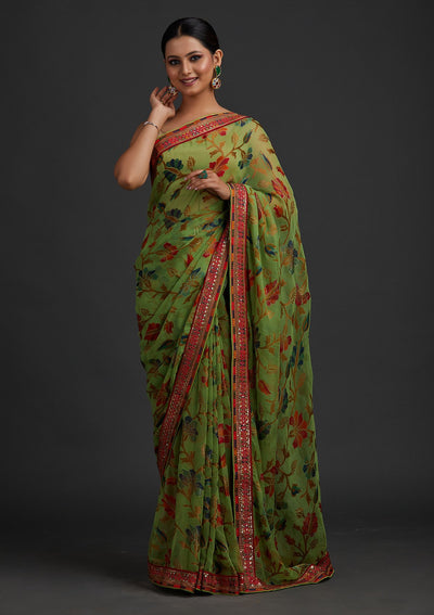 Parrot Green Sequins Georgette Designer Saree - koskii