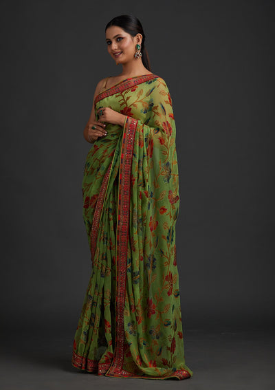 Parrot Green Sequins Georgette Designer Saree - koskii