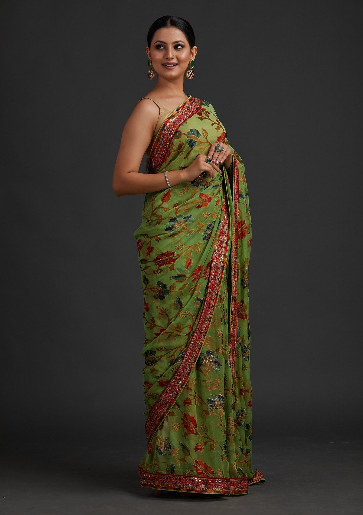 Parrot Green Sequins Georgette Designer Saree - koskii