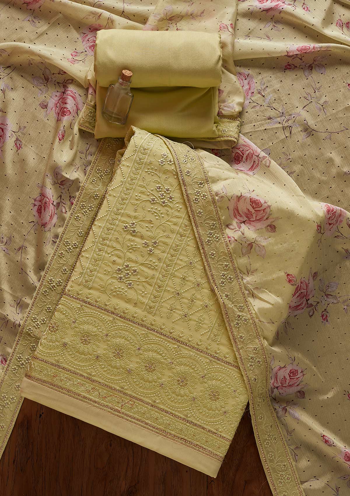 Parrot Green Threadwork Georgette Designer Unstitched Salwar Suit - koskii