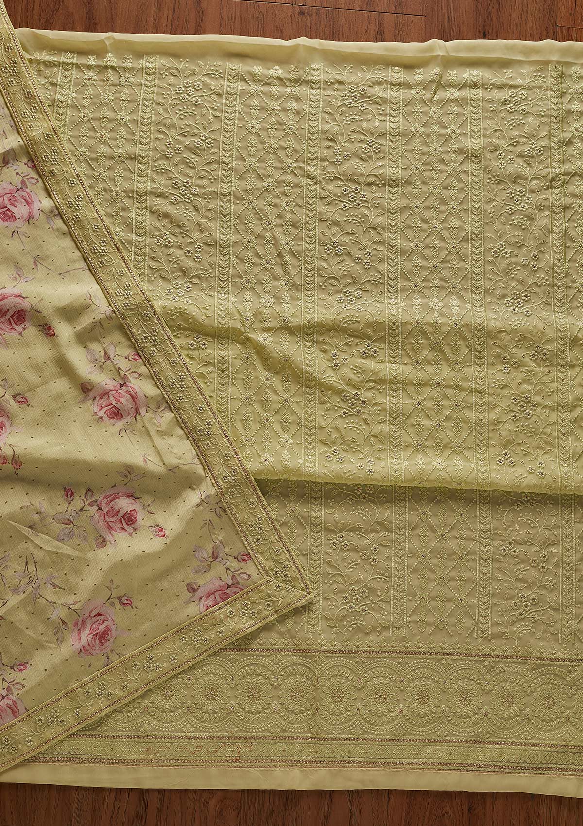 Parrot Green Threadwork Georgette Designer Unstitched Salwar Suit - koskii