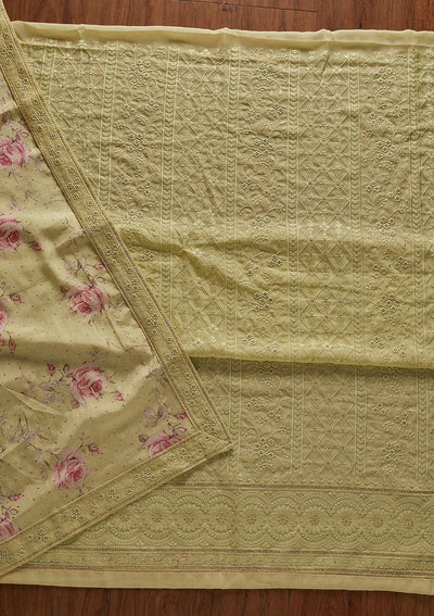 Parrot Green Threadwork Georgette Designer Unstitched Salwar Suit - koskii