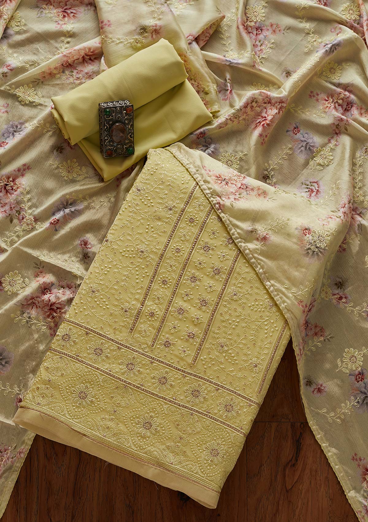 Parrot Green Threadwork Georgette Designer Unstitched Salwar Suit - koskii